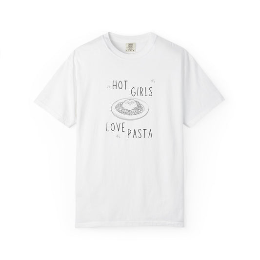 T-shirt design with 'Hot Girls Love Pasta' text and hand-drawn pasta plate illustration with stars