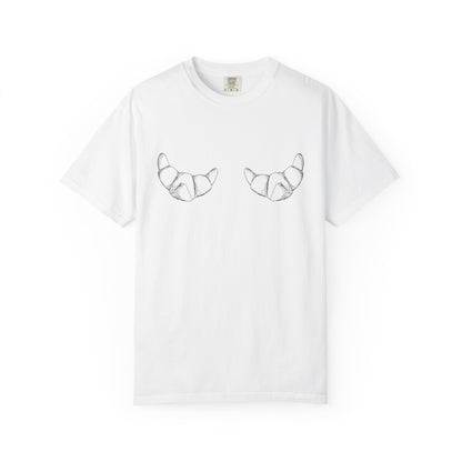T-shirt with hand-drawn croissant illustrations featuring detailed pastry sketches