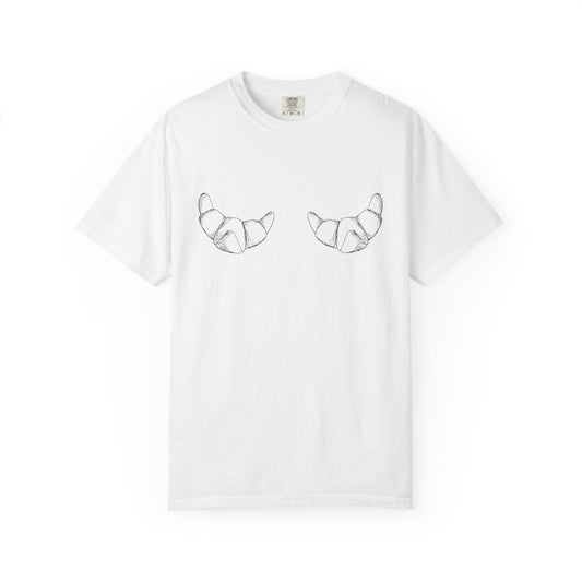 T-shirt with hand-drawn croissant illustrations featuring detailed pastry sketches