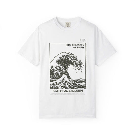T-shirt with ocean wave design featuring 'Ride The Wave of Faith' and 'Faith Unshaken' text