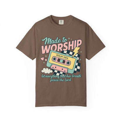 T-shirt with retro cassette tape design featuring 'Made to Worship' text and Psalm 150:6 scripture in pastel colors