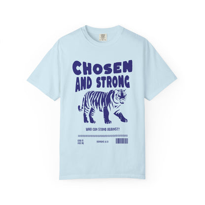 Christian t-shirt with tiger graphic and 'Chosen and Strong' text featuring Romans 8:31 verse