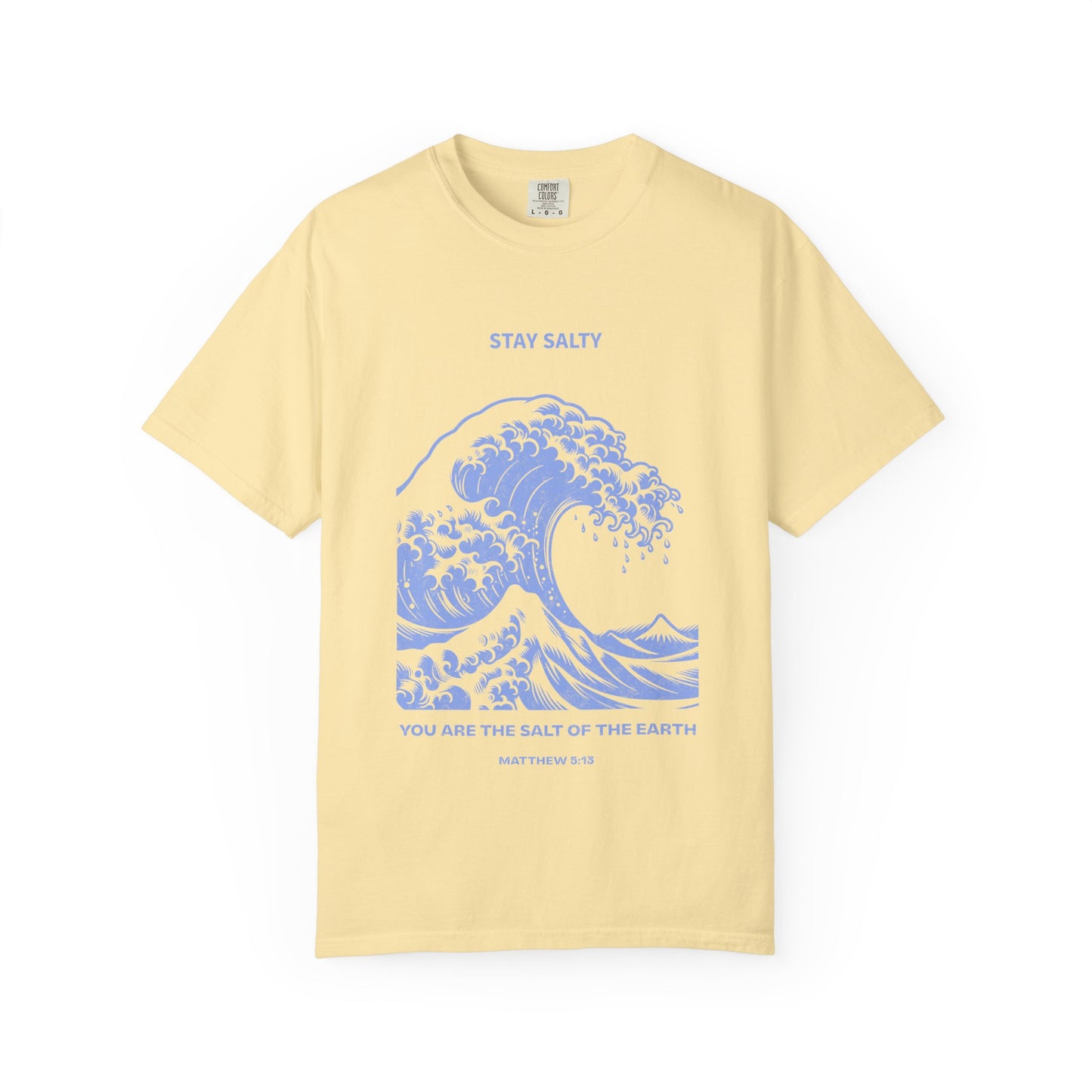 T-shirt with ocean wave design featuring Stay Salty text and Matthew 5:13 Bible verse