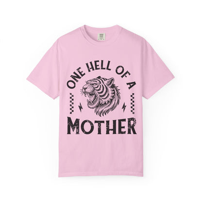 Black and white t-shirt with roaring tiger head and 'One Hell Of A Mother' text in distressed lettering