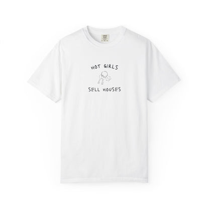 T-shirt with 'Hot Girls Sell Houses' text and hand-drawn house keys illustration in black