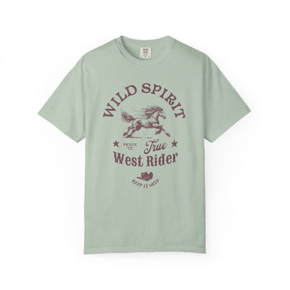 Western t-shirt with galloping horse design, Fenix Texas text, and cowboy hat graphic in vintage style