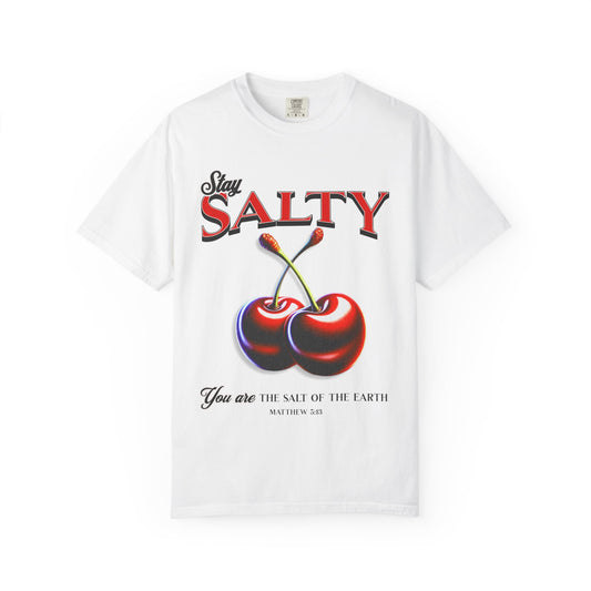 T-shirt with retro Stay Salty text and vintage cherry design featuring Matthew 5:13 scripture