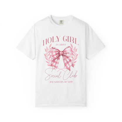 Tshirt with Holy Girl Social Club design featuring pink gingham bow and floral elements