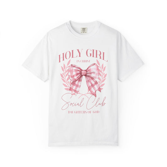 Tshirt with Holy Girl Social Club design featuring pink gingham bow and floral elements