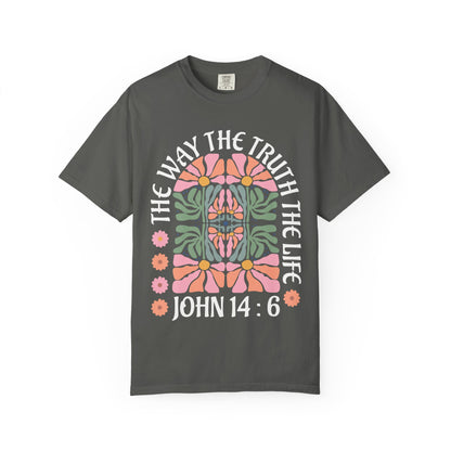 Christian t-shirt with John 14:6 verse and decorative floral mandala in pink, coral, and green