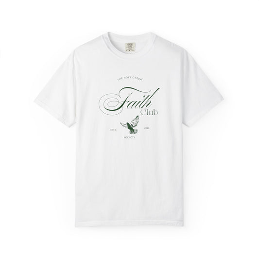 T-shirt with The Holy Order Faith Club text in elegant script with dove design and 33 A.D. Holy City details