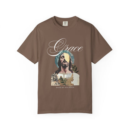Christian t-shirt featuring artistic Jesus portrait with Grace text and cross design in vintage style