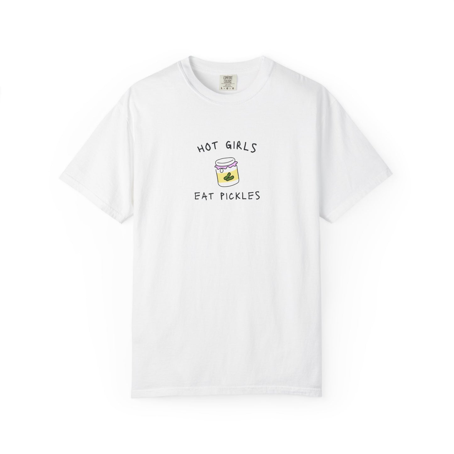 T-shirt with 'Hot Girls Eat Pickles' text and cute pickle jar illustration in pink and yellow