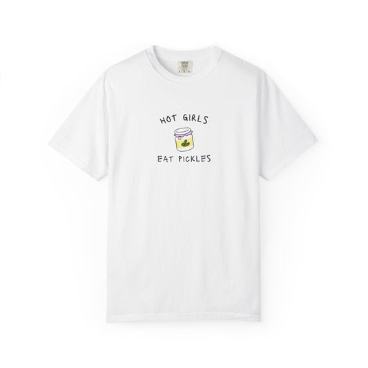 T-shirt with 'Hot Girls Eat Pickles' text and cute pickle jar illustration in pink and yellow