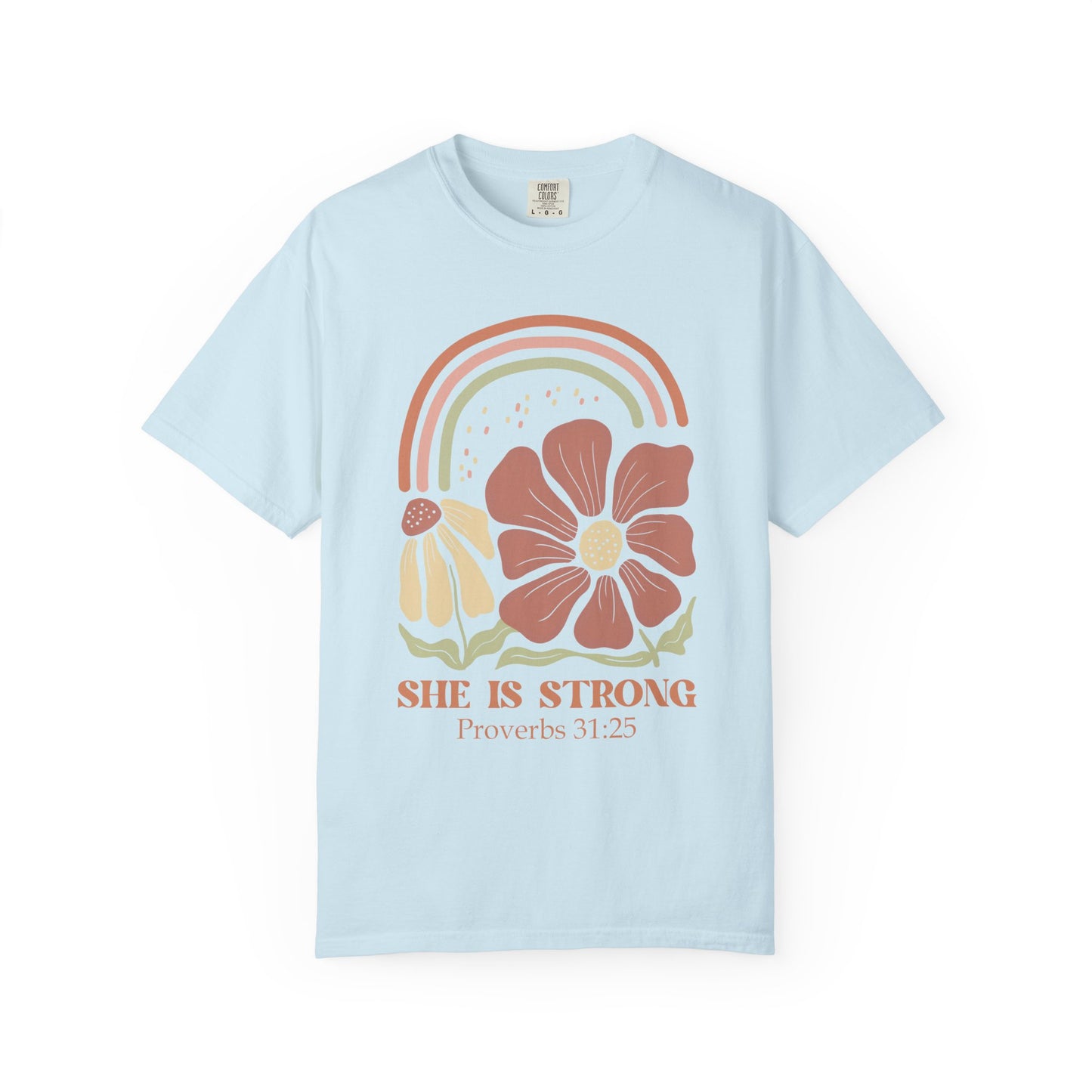 T-shirt with boho rainbow, terracotta and cream flowers, and 'She Is Strong Proverbs 31:25' text