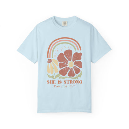 T-shirt with boho rainbow, terracotta and cream flowers, and 'She Is Strong Proverbs 31:25' text