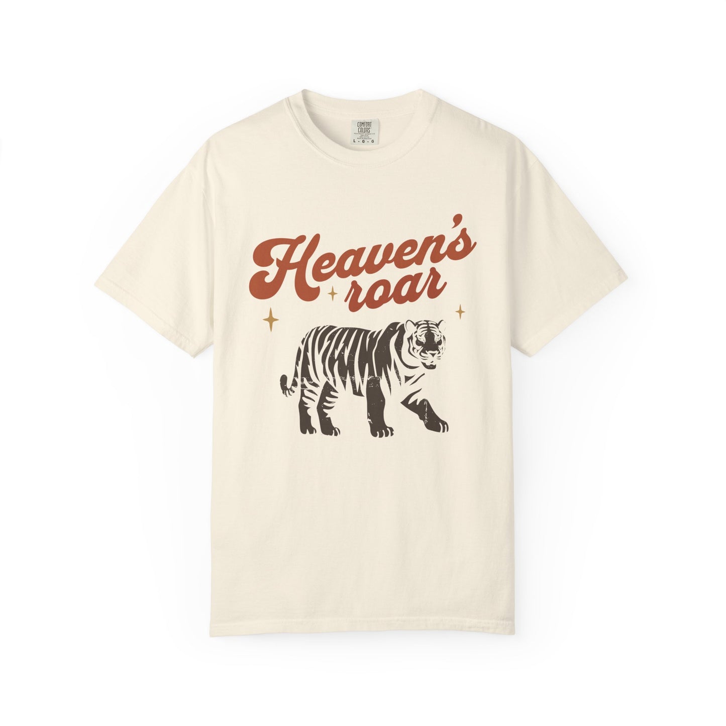 Christian t-shirt with Heaven's roar text in orange retro font and tiger graphic with stars
