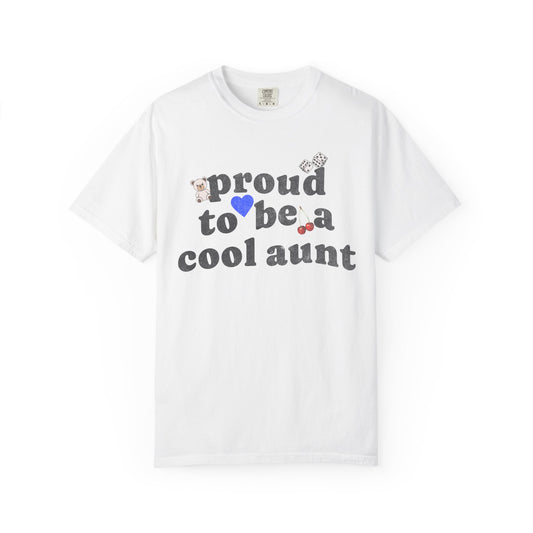 T-shirt with retro distressed text 'proud to be a cool aunt' decorated with teddy bear, blue heart, dice, and cherries