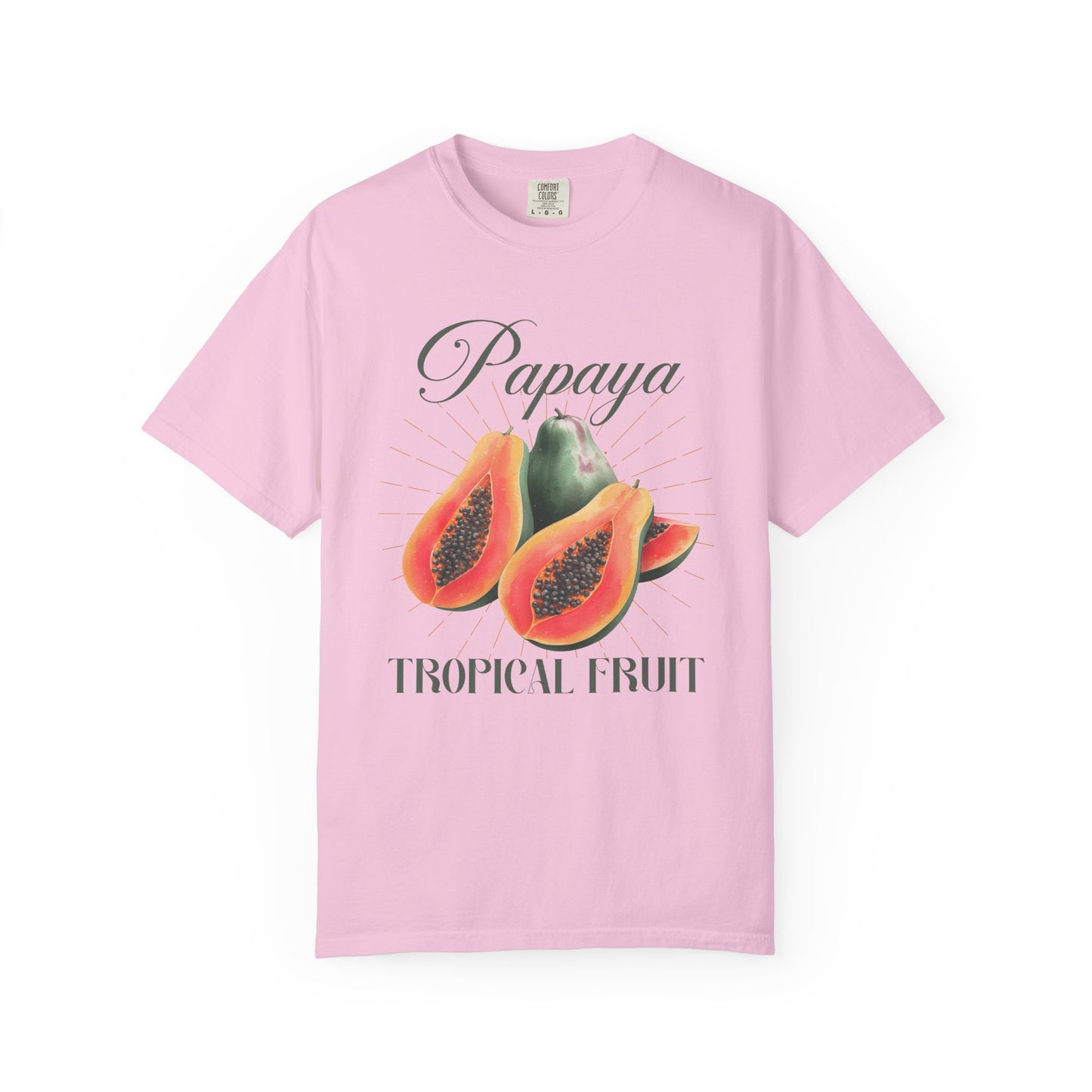 T-shirt featuring watercolor papaya fruits with golden sunburst rays and elegant Papaya script text