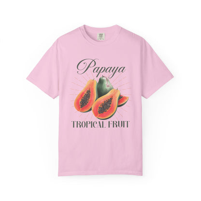 T-shirt featuring watercolor papaya fruits with golden sunburst rays and elegant Papaya script text