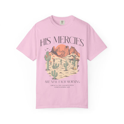 T-shirt with desert landscape design featuring cacti, mountains, and 'His Mercies Are New Each Morning' text with Lamentations 3:23 bible verse