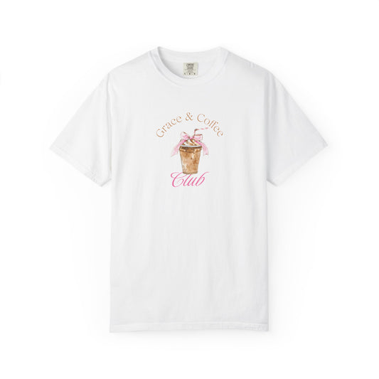 T-shirt with watercolor coffee cup design featuring pink bow and Grace & Coffee Club text