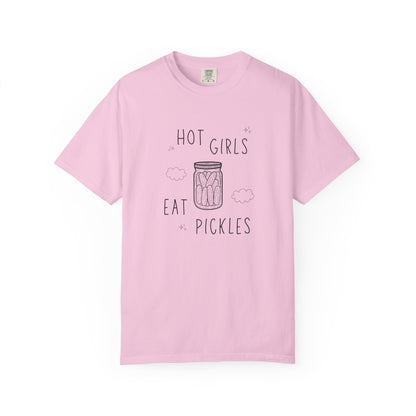 T-shirt with hand-lettered 'Hot Girls Eat Pickles' text and illustrated pickle jar with clouds