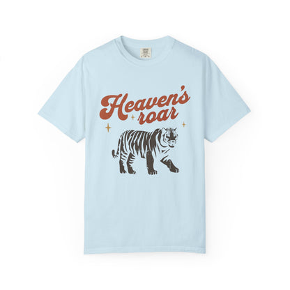 Christian t-shirt with Heaven's roar text in orange retro font and tiger graphic with stars