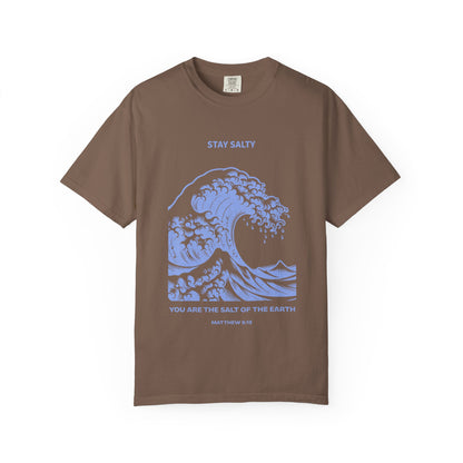 T-shirt with ocean wave design featuring Stay Salty text and Matthew 5:13 Bible verse