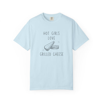 T-shirt with hand-drawn grilled cheese sandwich illustration and text reading Hot Girls Love Grilled Cheese