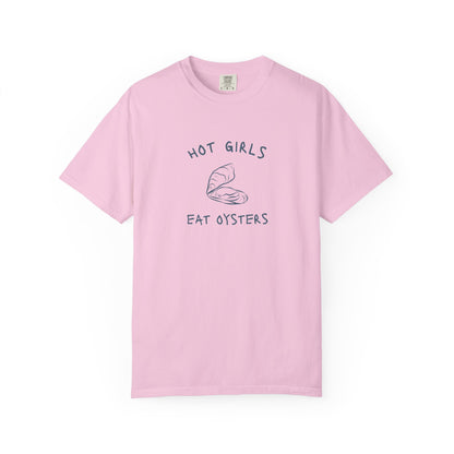 T-shirt with 'Hot Girls Eat Oysters' text and minimalist oyster shell illustration in blue tones