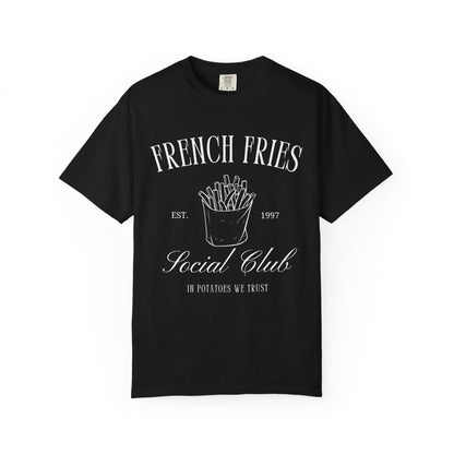 T-shirt with French Fries Social Club design featuring hand-drawn fries illustration and vintage typography