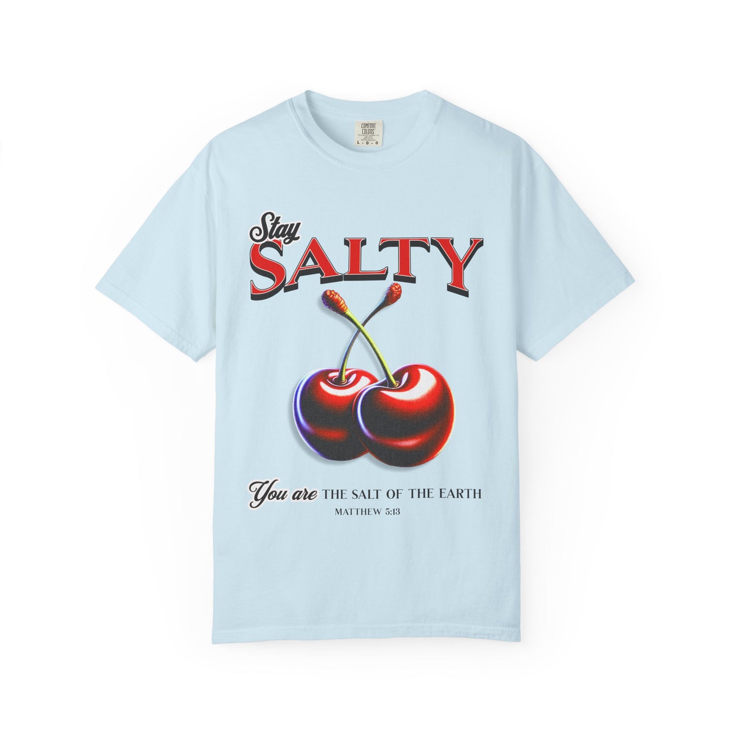 T-shirt with retro Stay Salty text and vintage cherry design featuring Matthew 5:13 scripture