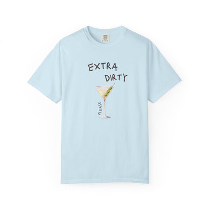 T-shirt design with martini glass filled with clear liquid and three green olives on a pick