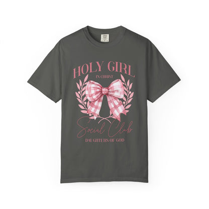 Tshirt with Holy Girl Social Club design featuring pink gingham bow and floral elements