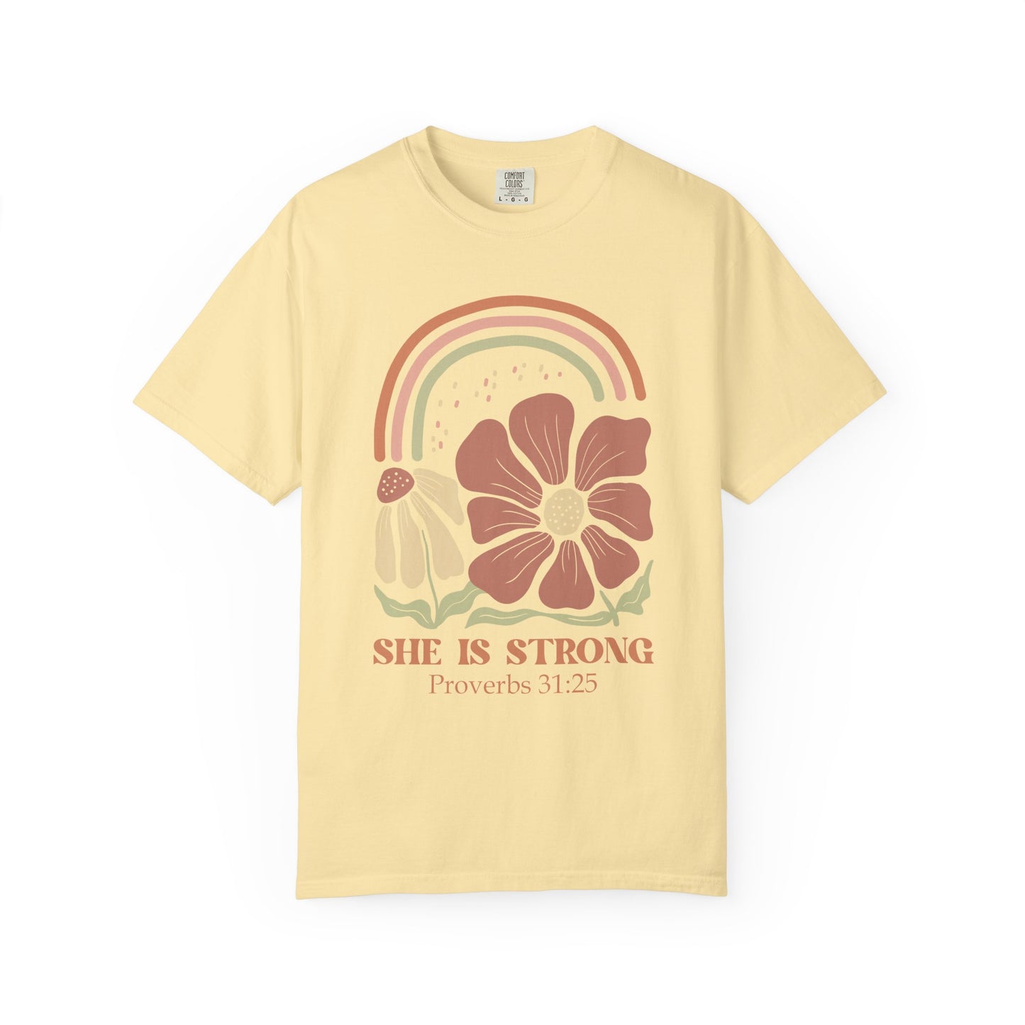 T-shirt with boho rainbow, terracotta and cream flowers, and 'She Is Strong Proverbs 31:25' text