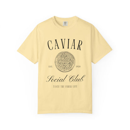 T-shirt with vintage caviar social club logo featuring caviar tin graphic and elegant typography