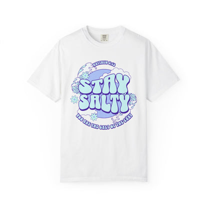 T-shirt with purple and mint green 'Stay Salty' text design featuring Matthew 5:13 scripture and retro styling