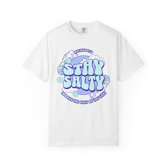 T-shirt with purple and mint green 'Stay Salty' text design featuring Matthew 5:13 scripture and retro styling