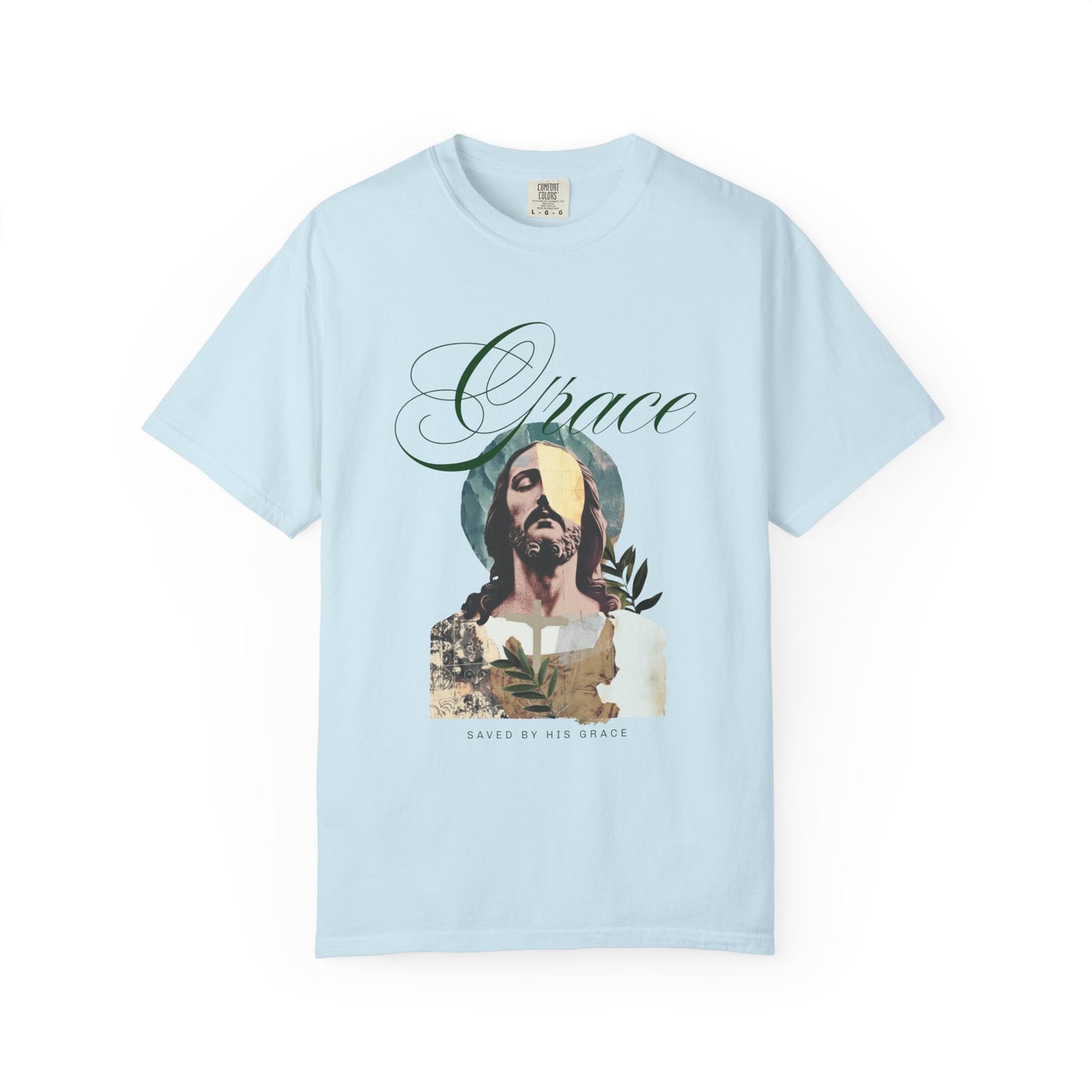 Christian t-shirt featuring artistic Jesus portrait with Grace text and cross design in vintage style
