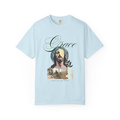 Christian t-shirt featuring artistic Jesus portrait with Grace text and cross design in vintage style