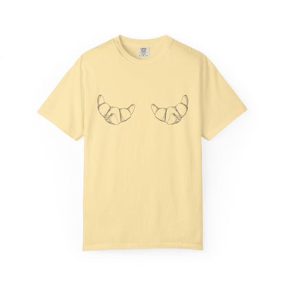 T-shirt with hand-drawn croissant illustrations featuring detailed pastry sketches