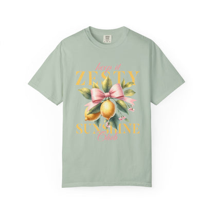 T-shirt with Keep It Zesty Sunshine Club text featuring watercolor lemons with pink bow and green leaves