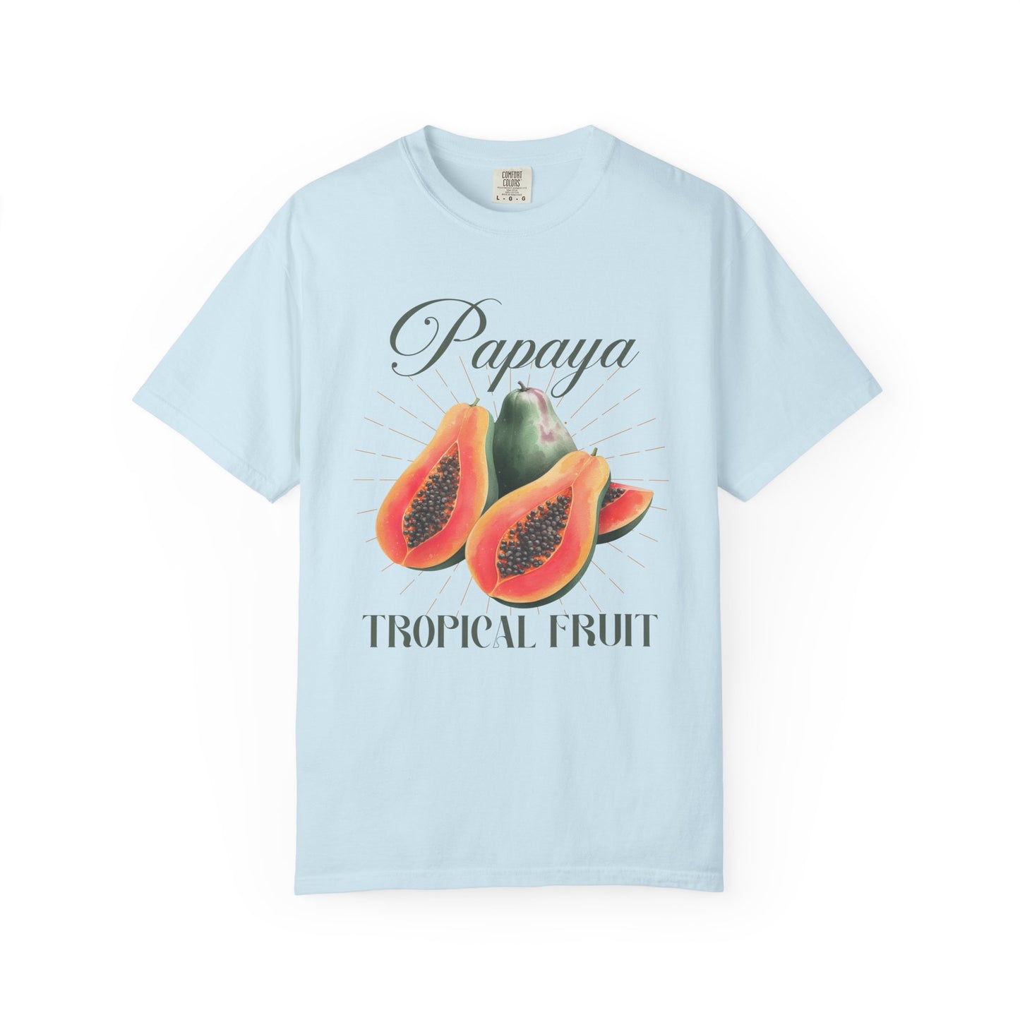 T-shirt featuring watercolor papaya fruits with golden sunburst rays and elegant Papaya script text