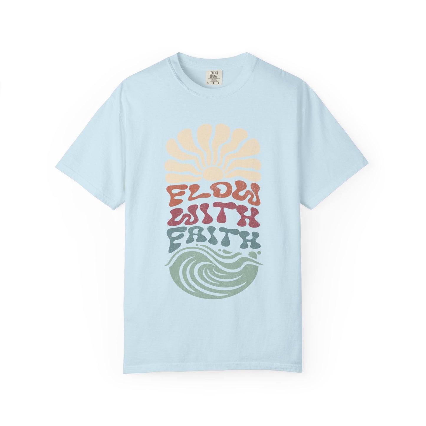 T-shirt with Flow With Faith text in groovy wavy font with retro sunset and wave design