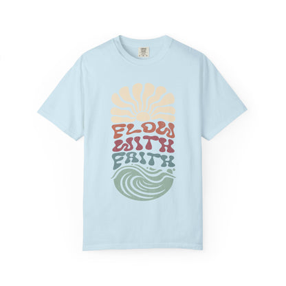 T-shirt with Flow With Faith text in groovy wavy font with retro sunset and wave design