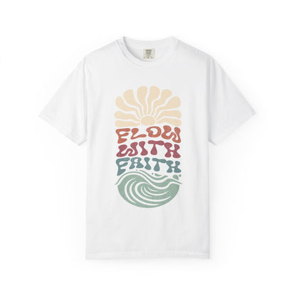 T-shirt with Flow With Faith text in groovy wavy font with retro sunset and wave design