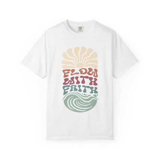 T-shirt with Flow With Faith text in groovy wavy font with retro sunset and wave design