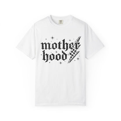 T-shirt with gothic Mother Hood text, lightning bolt graphics, and checkerboard pattern elements