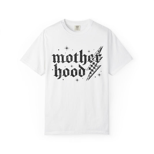 T-shirt with gothic Mother Hood text, lightning bolt graphics, and checkerboard pattern elements